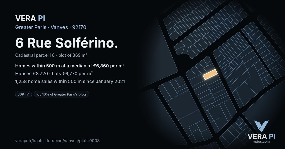 6 Rue Solférino, Vanves at night – the plot lit, the parcels around coloured by the prices near them