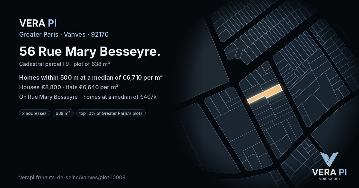 56 Rue Mary Besseyre, Vanves at night – the plot lit, the parcels around coloured by the prices near them