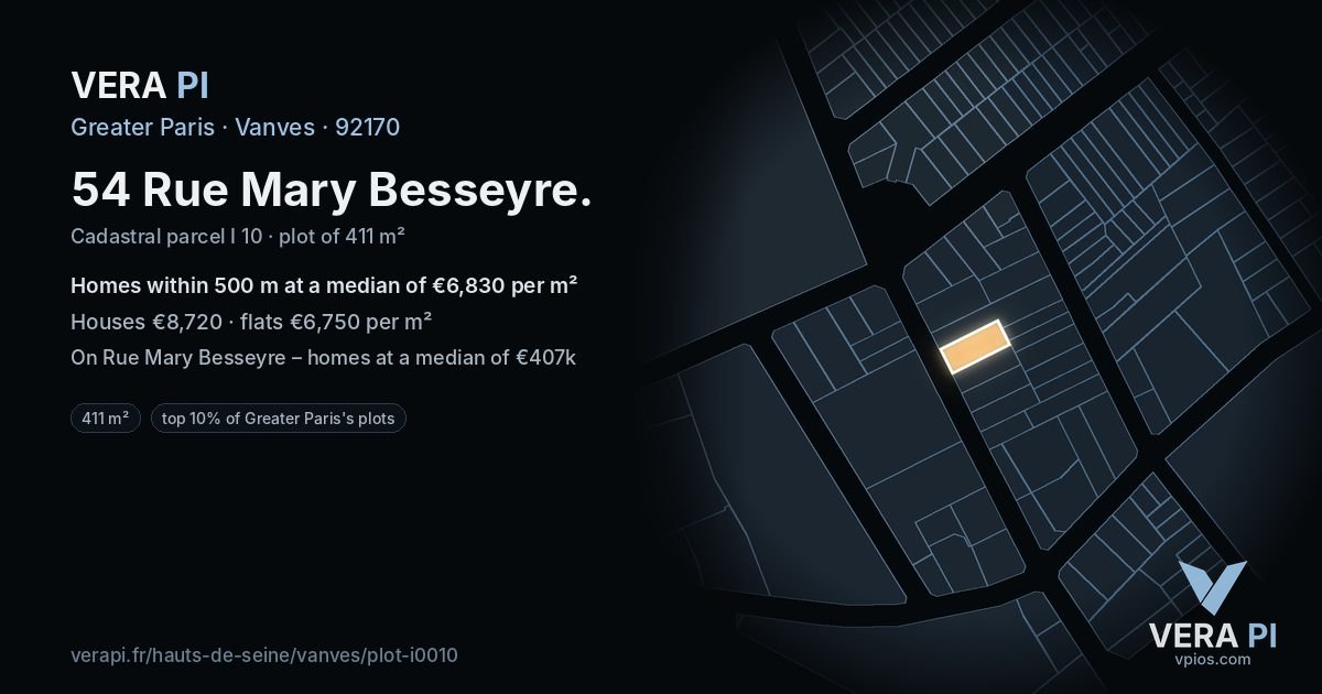 54 Rue Mary Besseyre, Vanves at night – the plot lit, the parcels around coloured by the prices near them