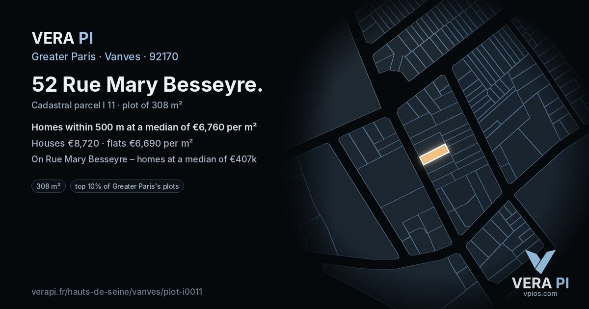 52 Rue Mary Besseyre, Vanves at night – the plot lit, the parcels around coloured by the prices near them