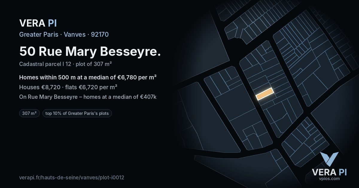 50 Rue Mary Besseyre, Vanves at night – the plot lit, the parcels around coloured by the prices near them