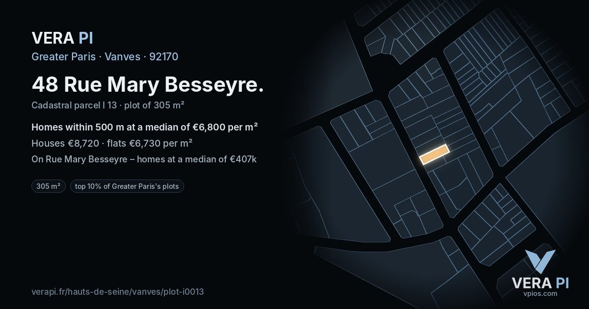 48 Rue Mary Besseyre, Vanves at night – the plot lit, the parcels around coloured by the prices near them