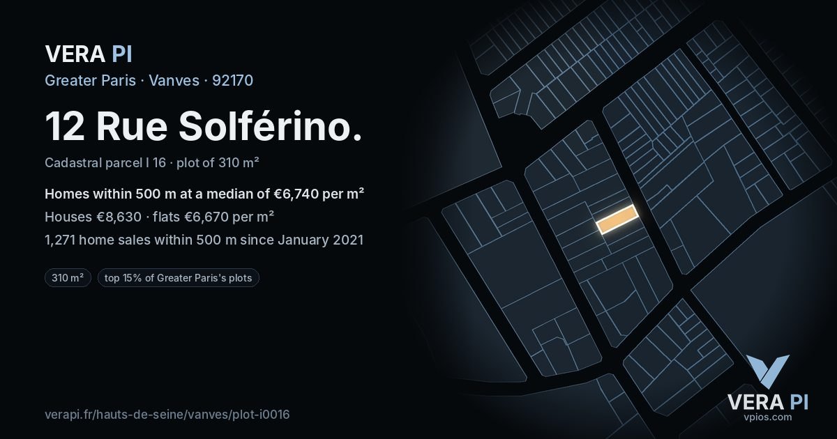 12 Rue Solférino, Vanves at night – the plot lit, the parcels around coloured by the prices near them