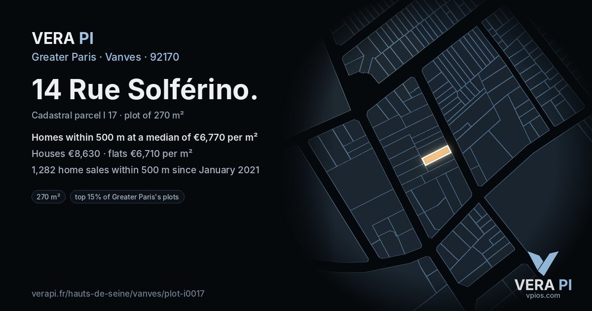 14 Rue Solférino, Vanves at night – the plot lit, the parcels around coloured by the prices near them