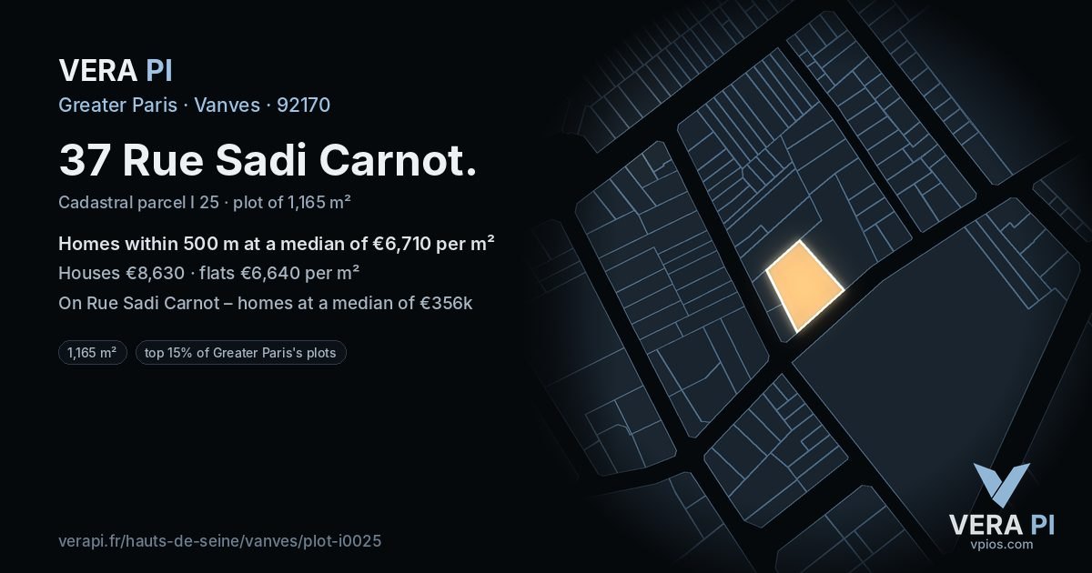37 Rue Sadi Carnot, Vanves at night – the plot lit, the parcels around coloured by the prices near them