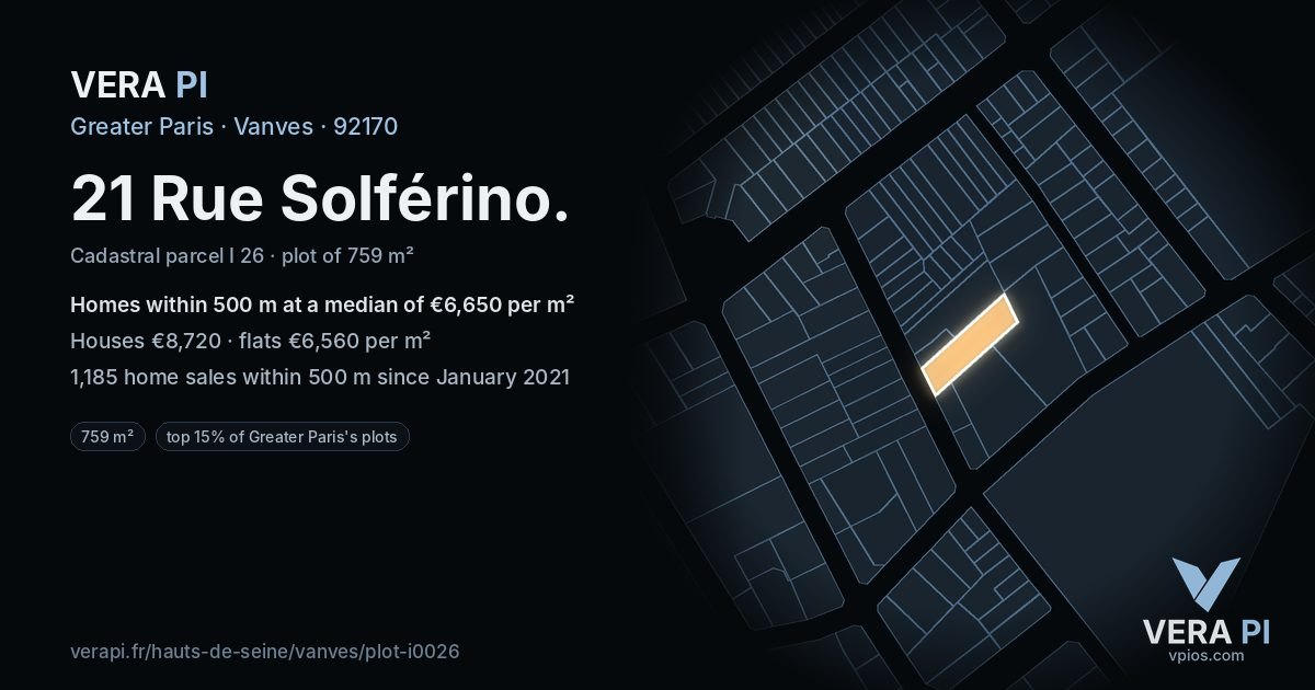 21 Rue Solférino, Vanves at night – the plot lit, the parcels around coloured by the prices near them
