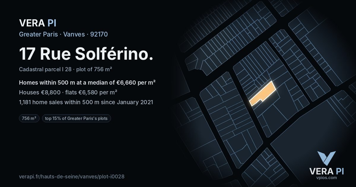 17 Rue Solférino, Vanves at night – the plot lit, the parcels around coloured by the prices near them