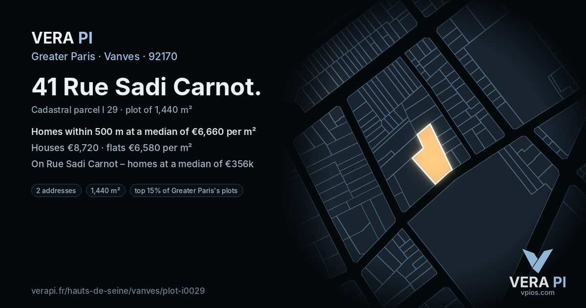 41 Rue Sadi Carnot, Vanves at night – the plot lit, the parcels around coloured by the prices near them