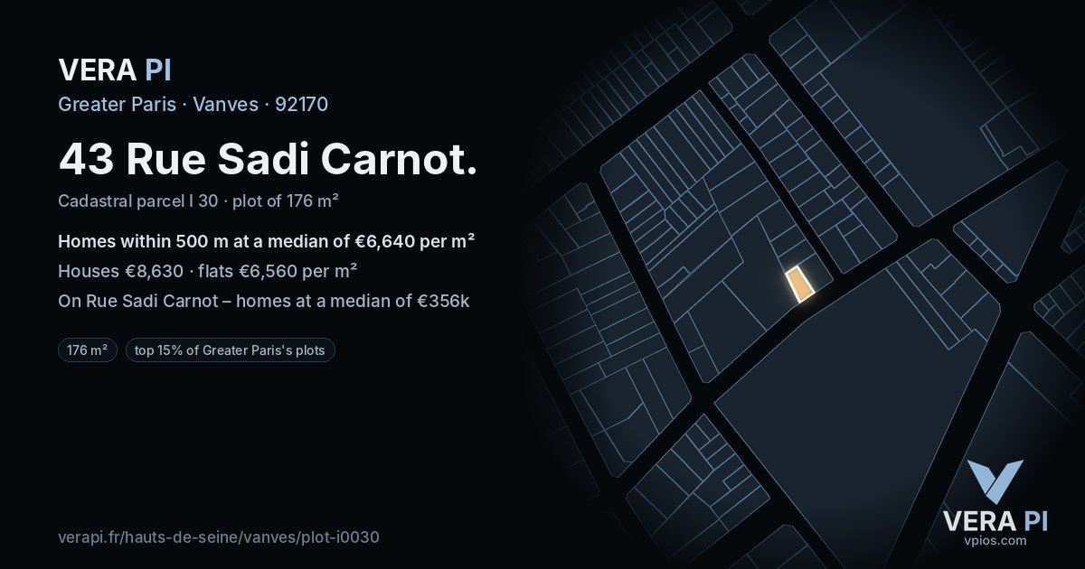 43 Rue Sadi Carnot, Vanves at night – the plot lit, the parcels around coloured by the prices near them