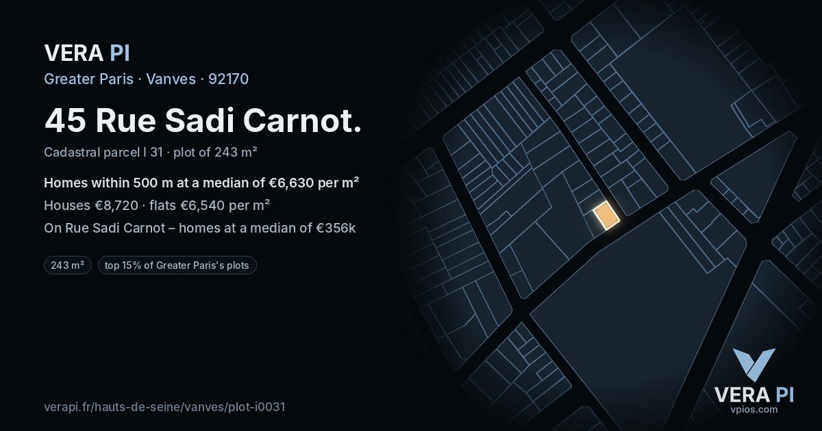 45 Rue Sadi Carnot, Vanves at night – the plot lit, the parcels around coloured by the prices near them