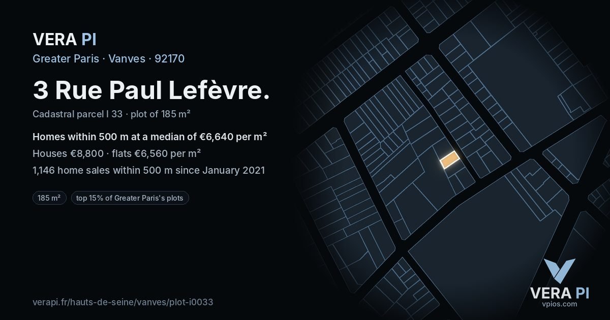 3 Rue Paul Lefèvre, Vanves at night – the plot lit, the parcels around coloured by the prices near them