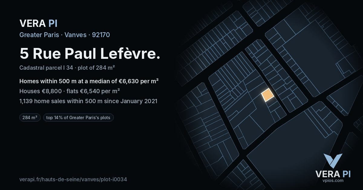 5 Rue Paul Lefèvre, Vanves at night – the plot lit, the parcels around coloured by the prices near them