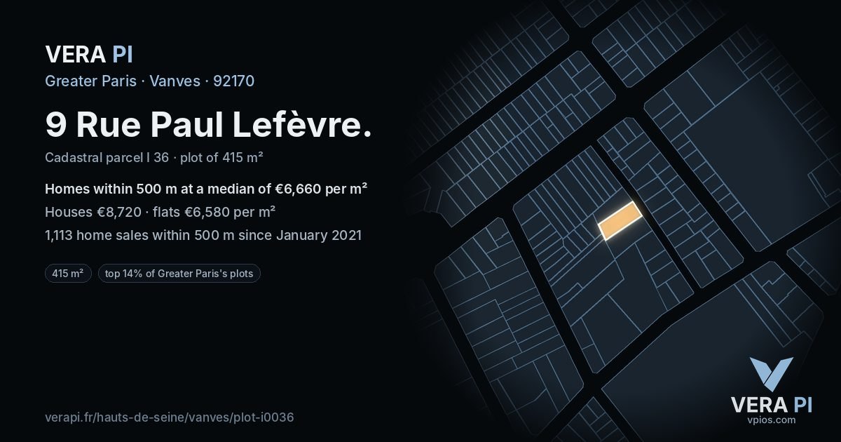 9 Rue Paul Lefèvre, Vanves at night – the plot lit, the parcels around coloured by the prices near them