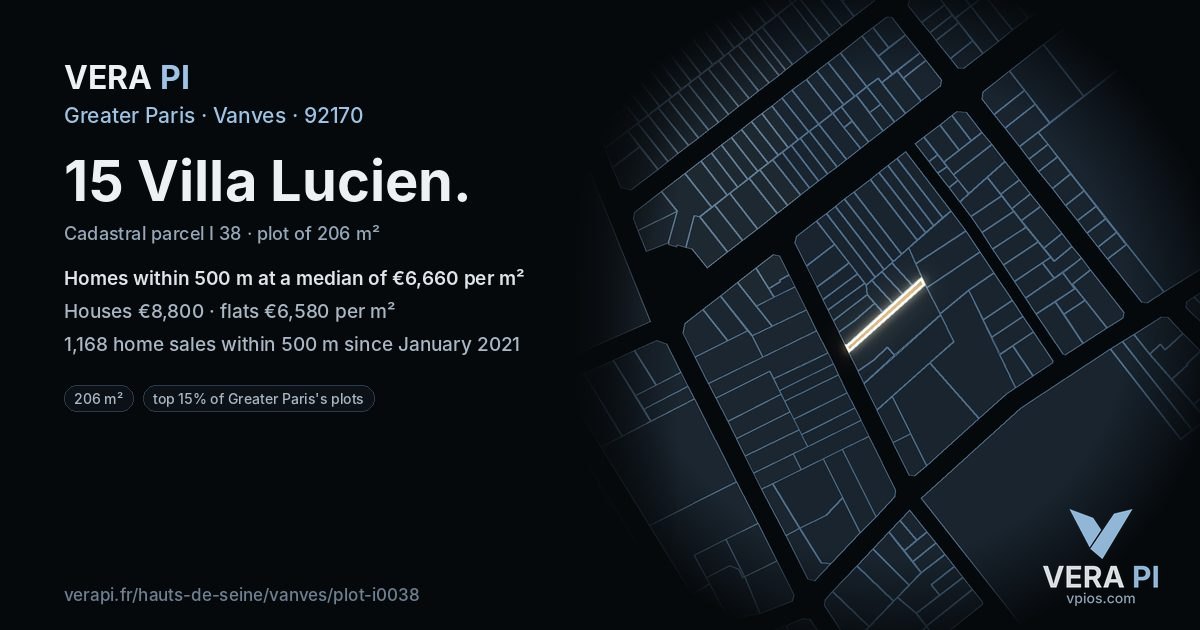 15 Villa Lucien, Vanves at night – the plot lit, the parcels around coloured by the prices near them