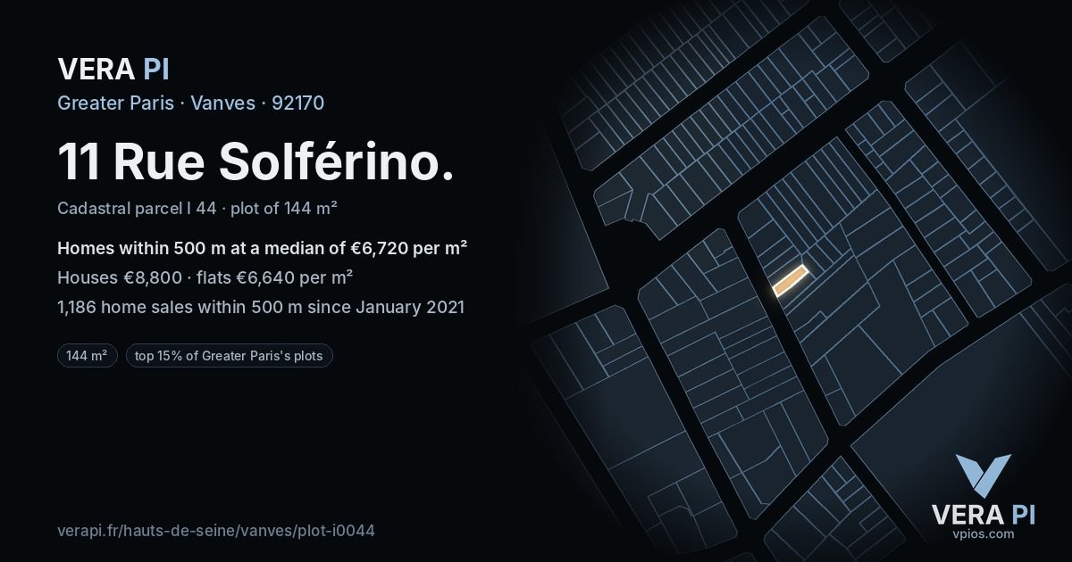 11 Rue Solférino, Vanves at night – the plot lit, the parcels around coloured by the prices near them