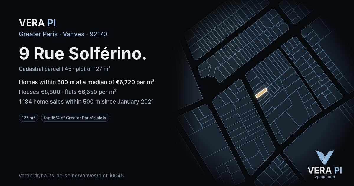 9 Rue Solférino, Vanves at night – the plot lit, the parcels around coloured by the prices near them
