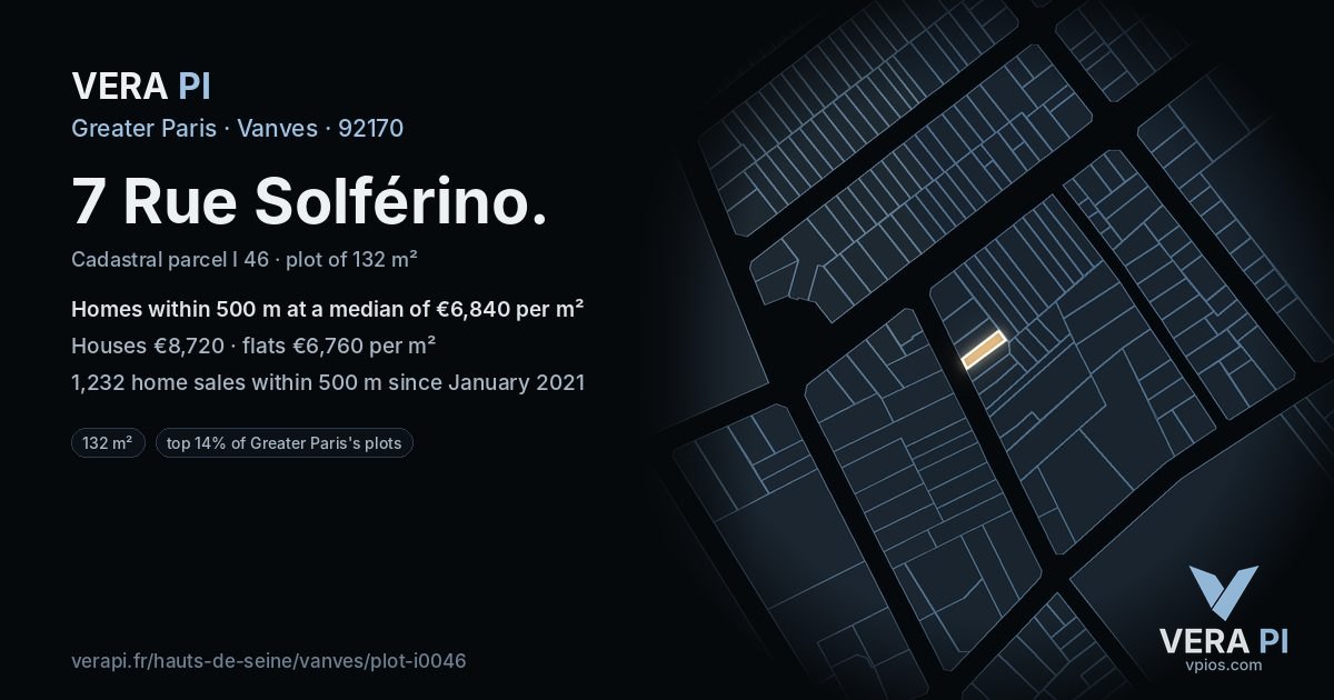 7 Rue Solférino, Vanves at night – the plot lit, the parcels around coloured by the prices near them