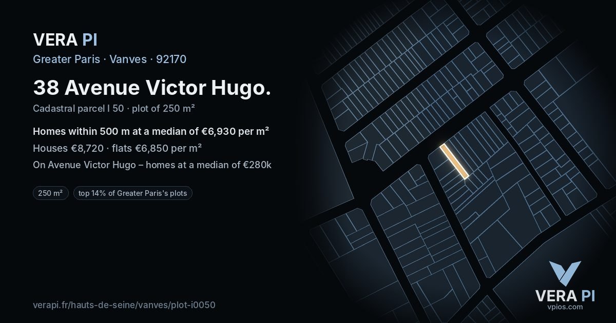 38 Avenue Victor Hugo, Vanves at night – the plot lit, the parcels around coloured by the prices near them