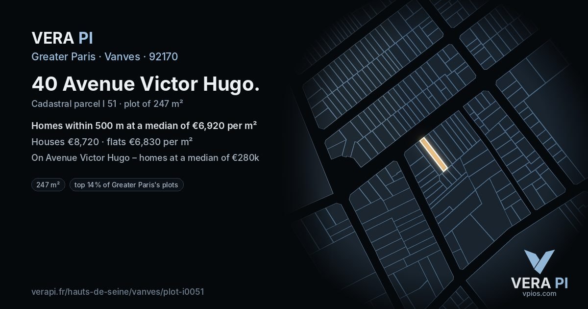 40 Avenue Victor Hugo, Vanves at night – the plot lit, the parcels around coloured by the prices near them