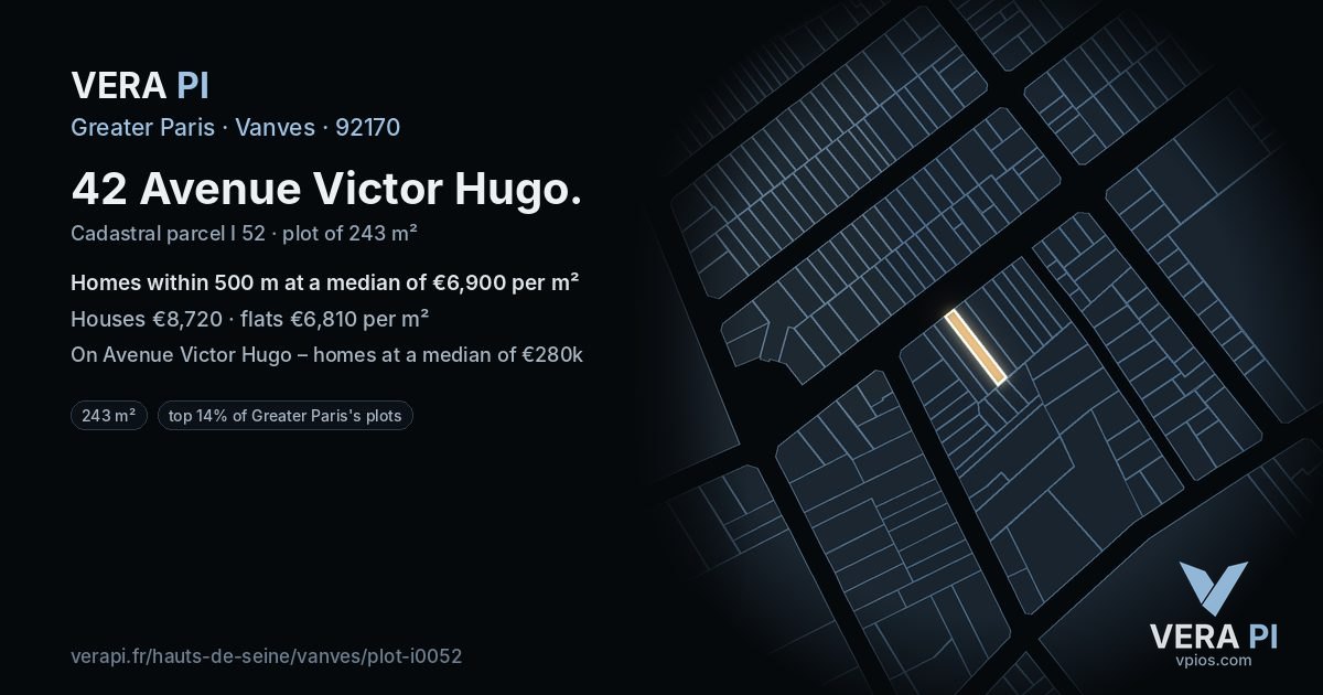 42 Avenue Victor Hugo, Vanves at night – the plot lit, the parcels around coloured by the prices near them