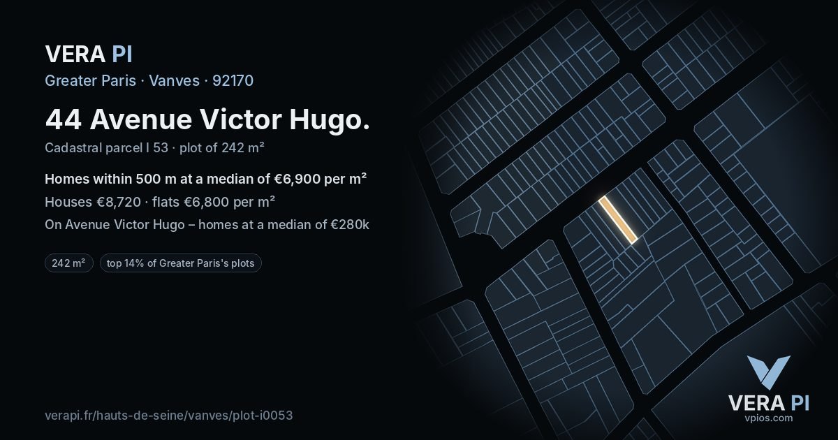 44 Avenue Victor Hugo, Vanves at night – the plot lit, the parcels around coloured by the prices near them