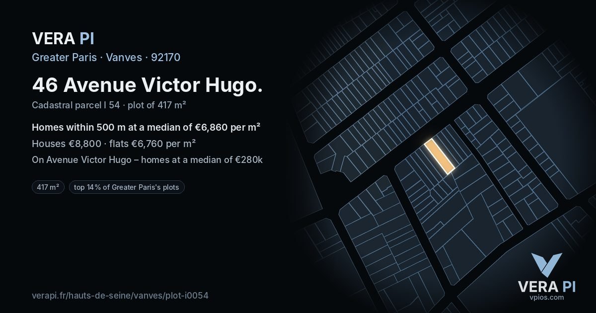 46 Avenue Victor Hugo, Vanves at night – the plot lit, the parcels around coloured by the prices near them