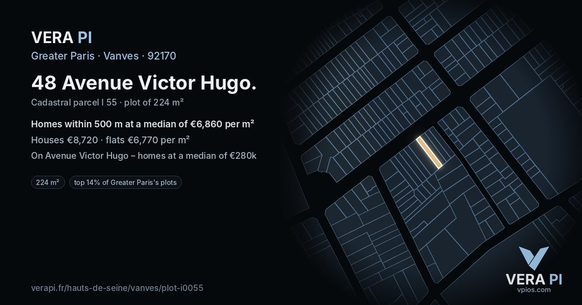 48 Avenue Victor Hugo, Vanves at night – the plot lit, the parcels around coloured by the prices near them