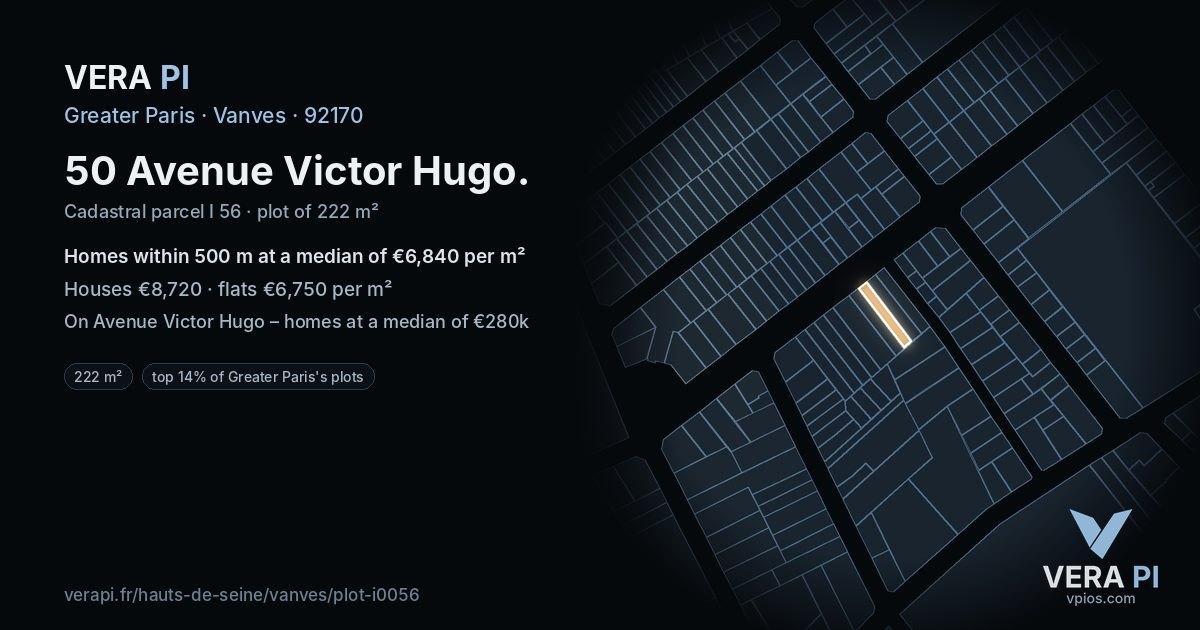 50 Avenue Victor Hugo, Vanves at night – the plot lit, the parcels around coloured by the prices near them
