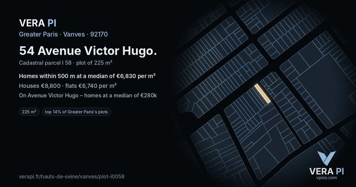 54 Avenue Victor Hugo, Vanves at night – the plot lit, the parcels around coloured by the prices near them