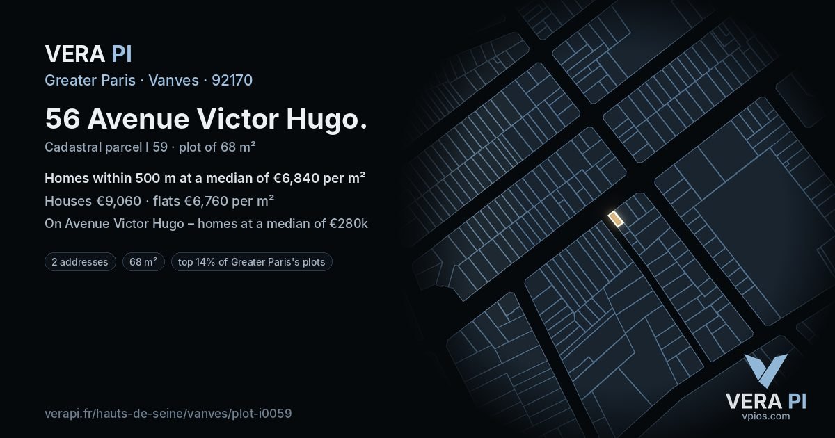 56 Avenue Victor Hugo, Vanves at night – the plot lit, the parcels around coloured by the prices near them
