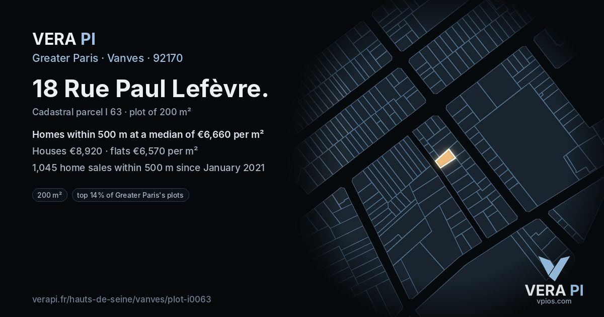 18 Rue Paul Lefèvre, Vanves at night – the plot lit, the parcels around coloured by the prices near them