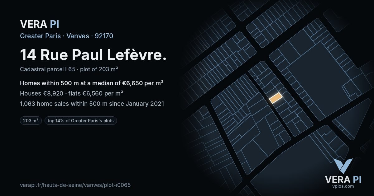 14 Rue Paul Lefèvre, Vanves at night – the plot lit, the parcels around coloured by the prices near them
