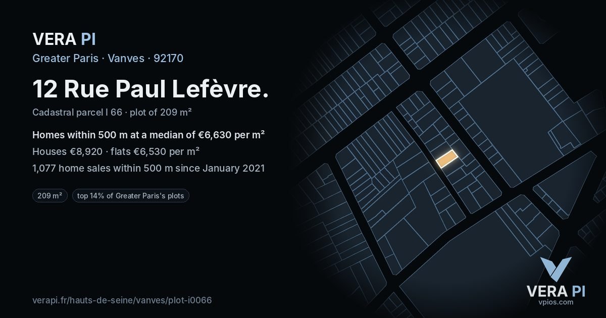 12 Rue Paul Lefèvre, Vanves at night – the plot lit, the parcels around coloured by the prices near them