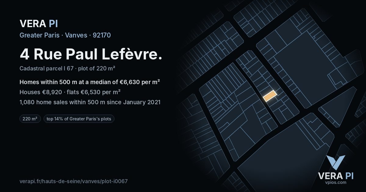 4 Rue Paul Lefèvre, Vanves at night – the plot lit, the parcels around coloured by the prices near them