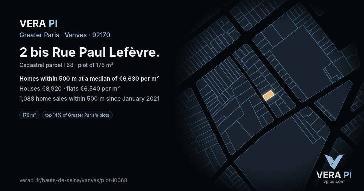 2 bis Rue Paul Lefèvre, Vanves at night – the plot lit, the parcels around coloured by the prices near them
