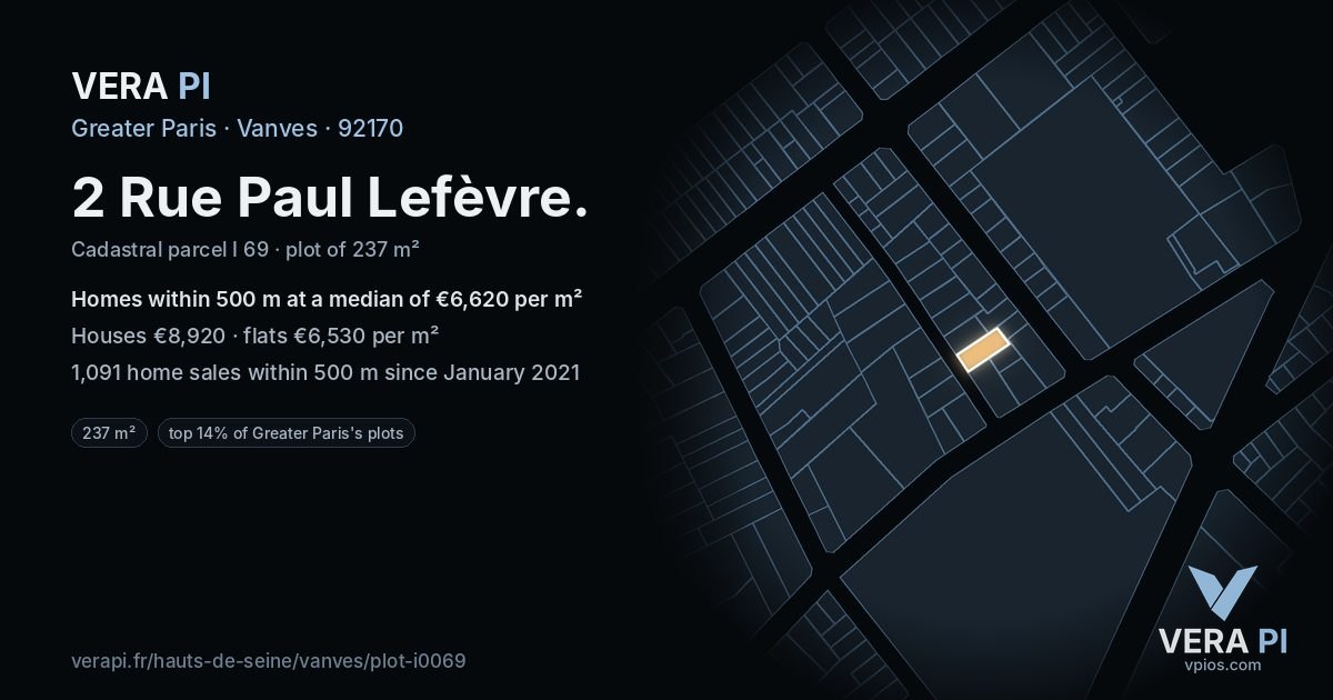 2 Rue Paul Lefèvre, Vanves at night – the plot lit, the parcels around coloured by the prices near them