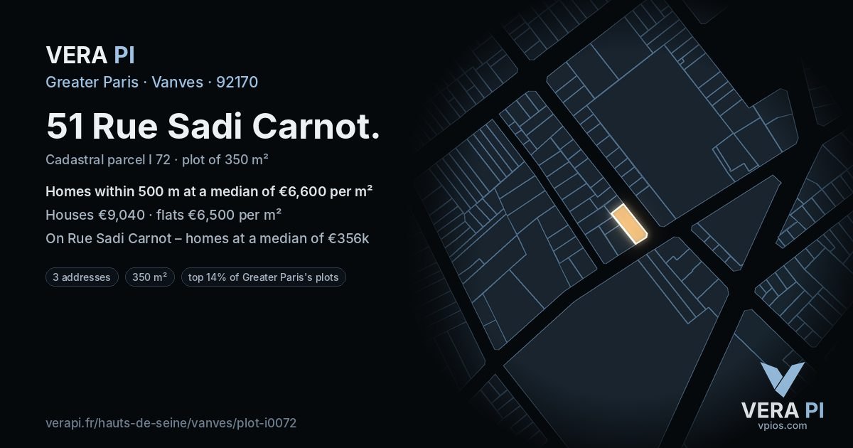 51 Rue Sadi Carnot, Vanves at night – the plot lit, the parcels around coloured by the prices near them