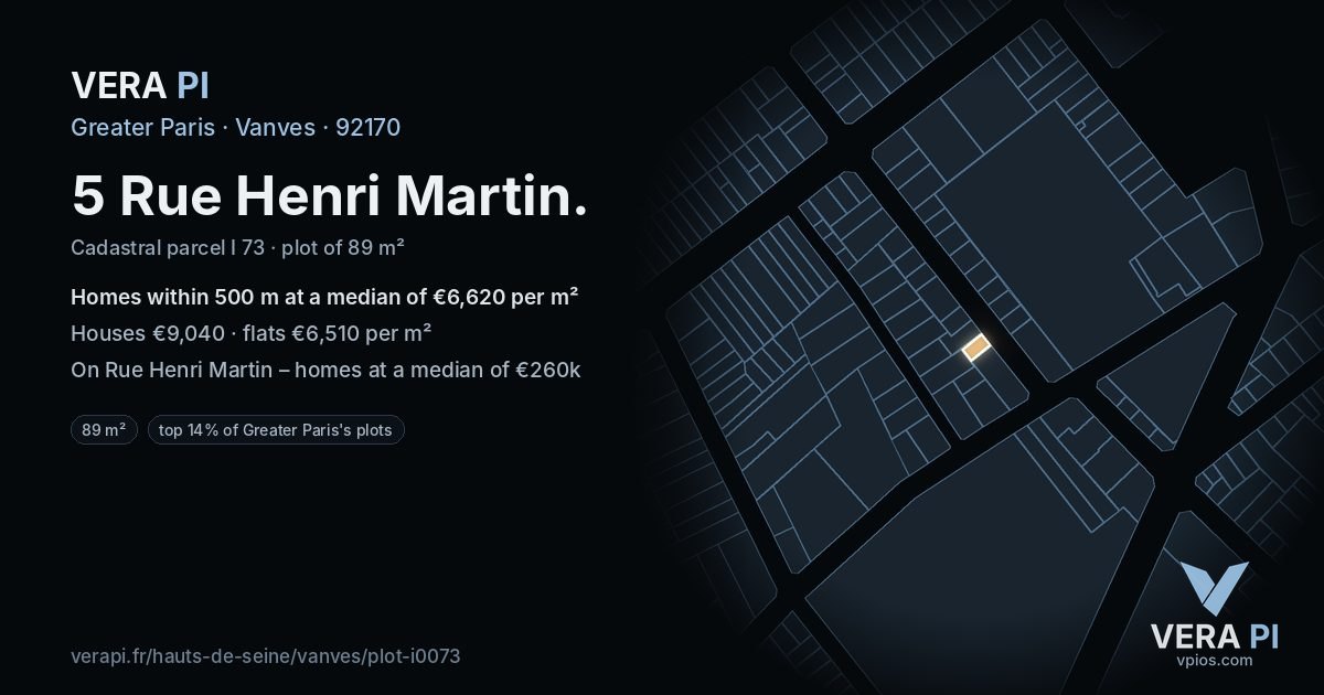 5 Rue Henri Martin, Vanves at night – the plot lit, the parcels around coloured by the prices near them