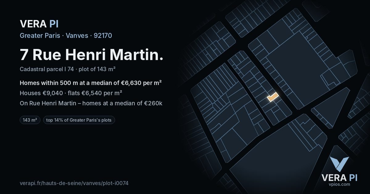 7 Rue Henri Martin, Vanves at night – the plot lit, the parcels around coloured by the prices near them