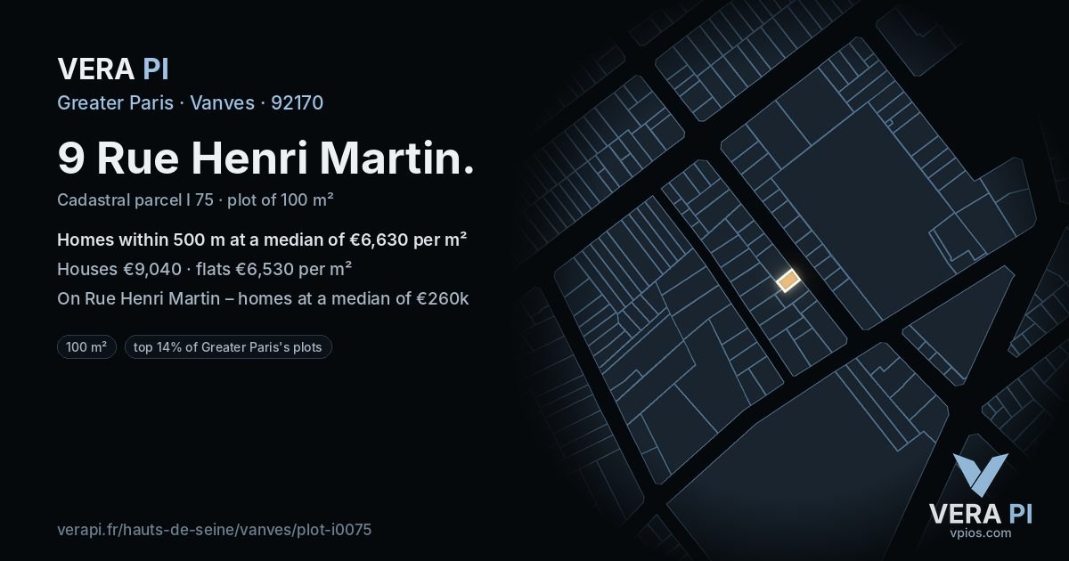9 Rue Henri Martin, Vanves at night – the plot lit, the parcels around coloured by the prices near them