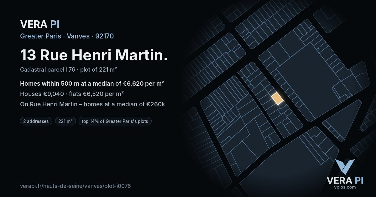 13 Rue Henri Martin, Vanves at night – the plot lit, the parcels around coloured by the prices near them
