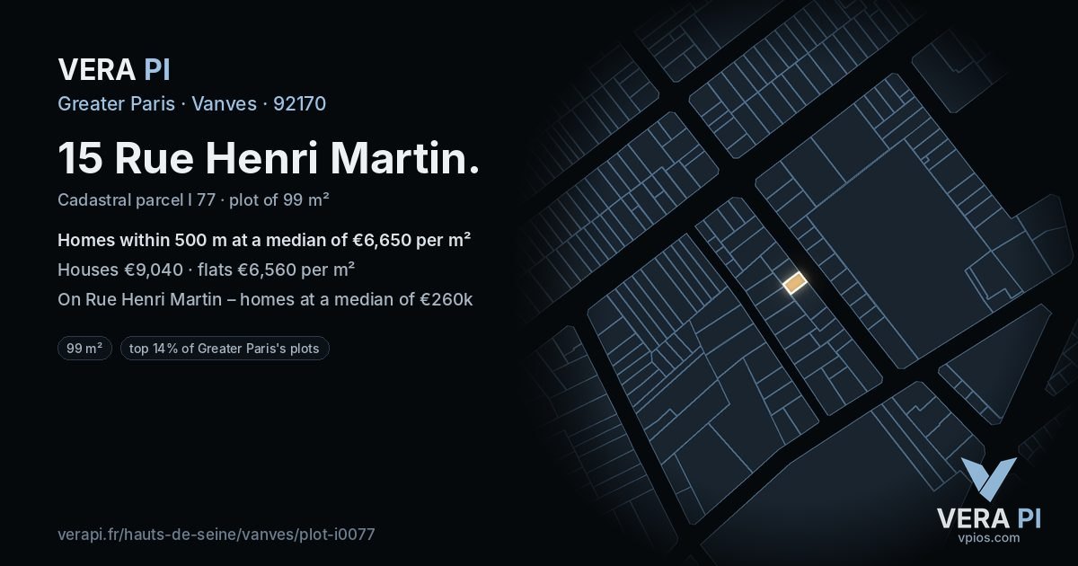 15 Rue Henri Martin, Vanves at night – the plot lit, the parcels around coloured by the prices near them