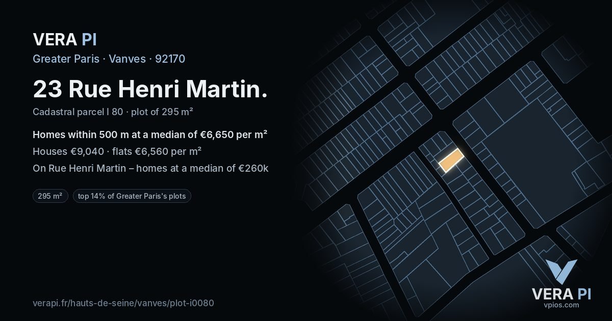 23 Rue Henri Martin, Vanves at night – the plot lit, the parcels around coloured by the prices near them