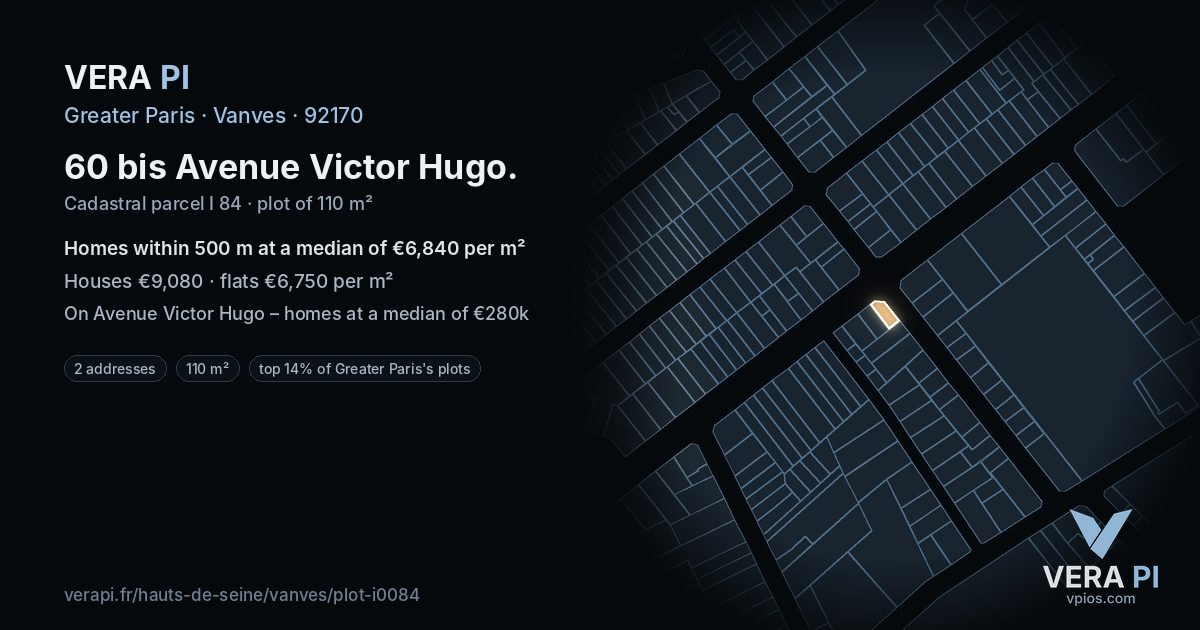 60 bis Avenue Victor Hugo, Vanves at night – the plot lit, the parcels around coloured by the prices near them