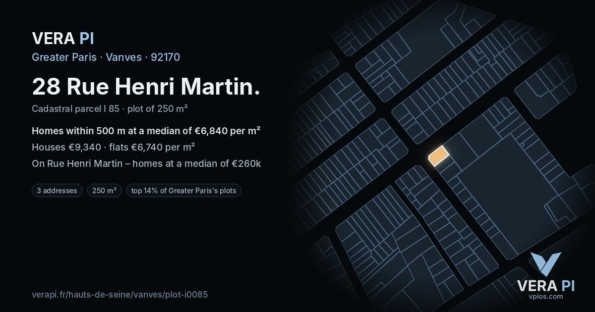 28 Rue Henri Martin, Vanves at night – the plot lit, the parcels around coloured by the prices near them