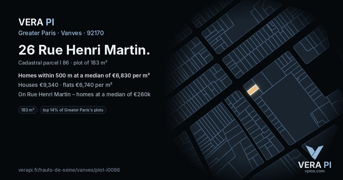 26 Rue Henri Martin, Vanves at night – the plot lit, the parcels around coloured by the prices near them