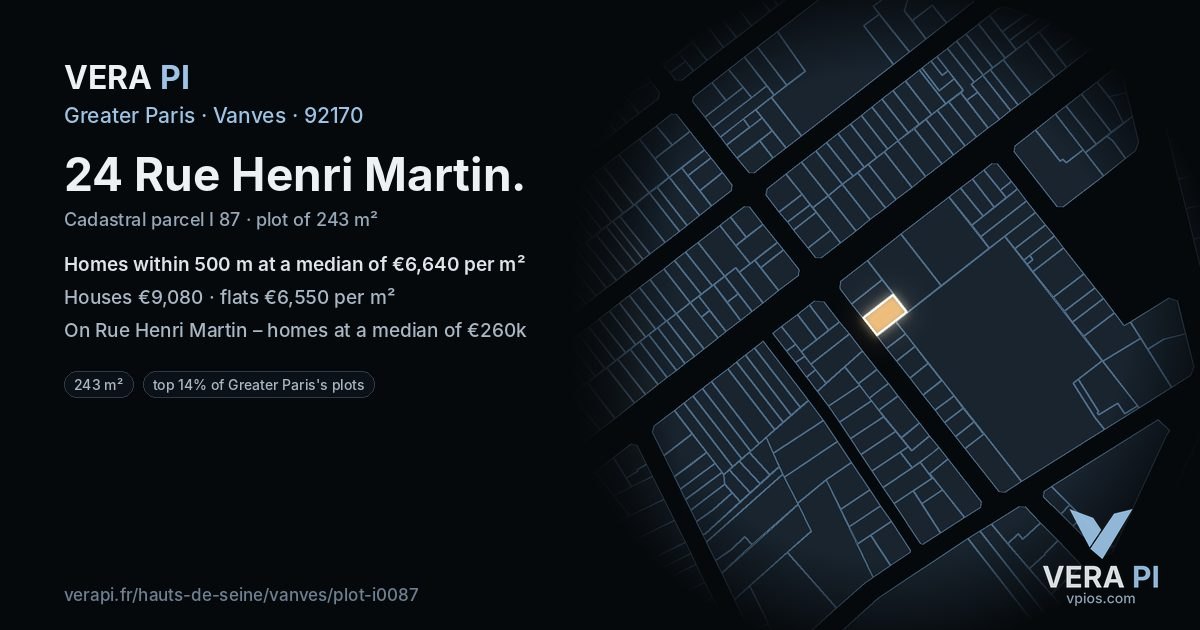 24 Rue Henri Martin, Vanves at night – the plot lit, the parcels around coloured by the prices near them