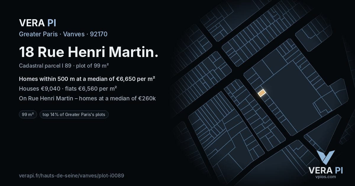 18 Rue Henri Martin, Vanves at night – the plot lit, the parcels around coloured by the prices near them