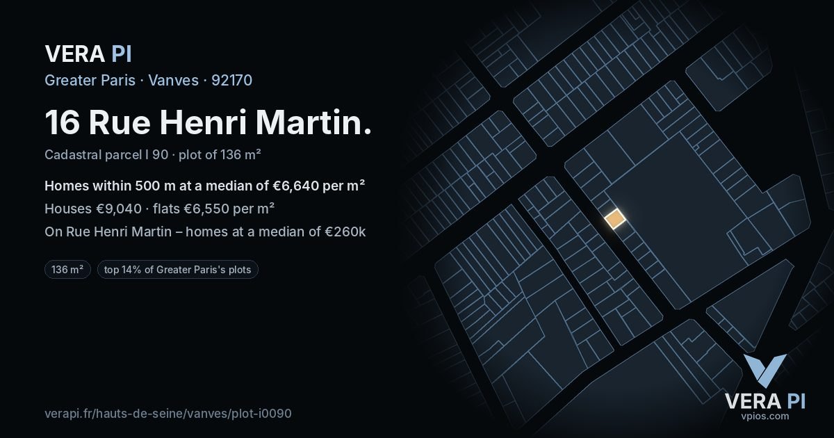 16 Rue Henri Martin, Vanves at night – the plot lit, the parcels around coloured by the prices near them
