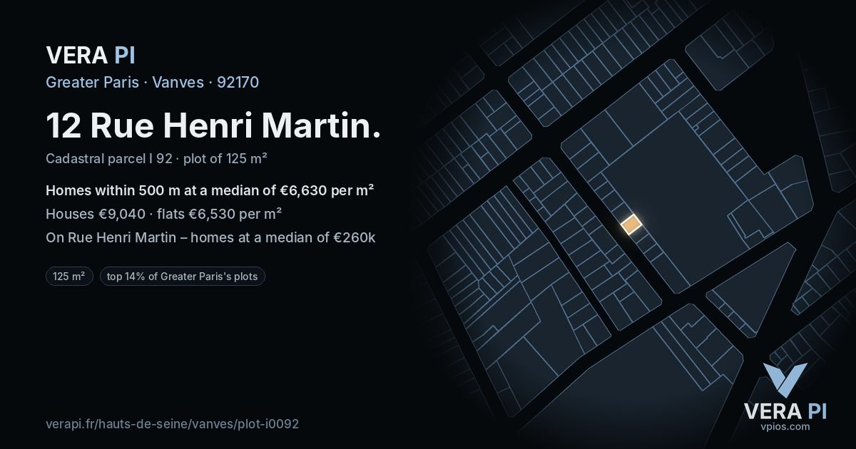12 Rue Henri Martin, Vanves at night – the plot lit, the parcels around coloured by the prices near them